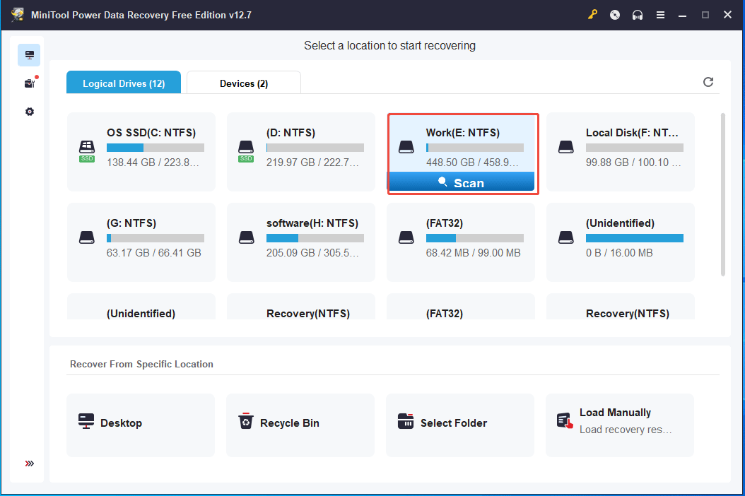 MiniTool Power Data Recovery interface with the Scan button for a drive.