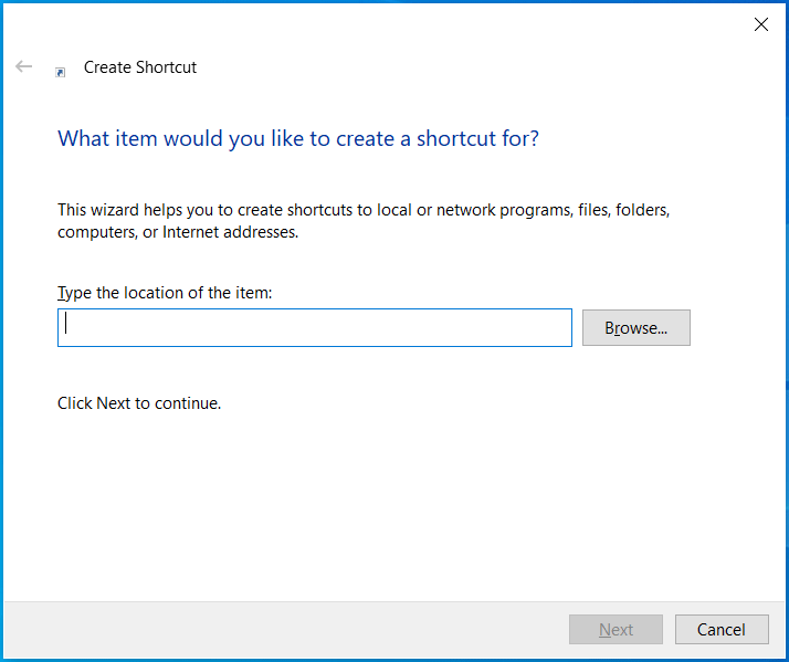 Screenshot of how to choose the item you want to create a shortcut for.