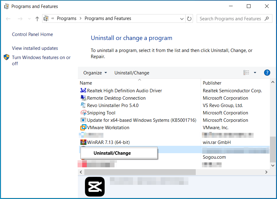 Control Panel window with the uninstall or change button.