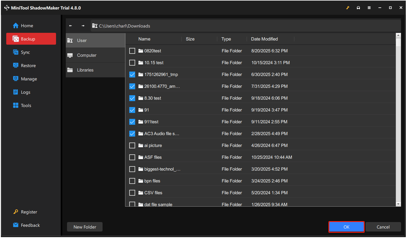 check the files that you want to backup in MiniTool ShadowMaker