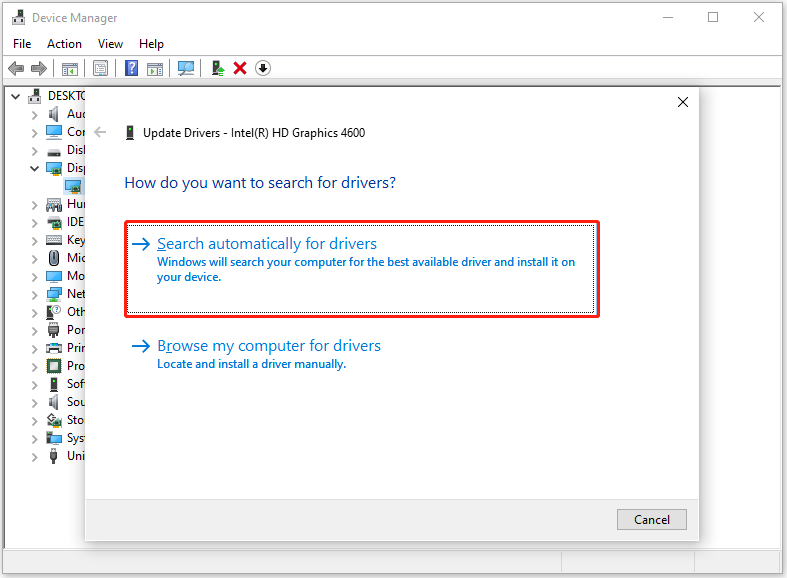 select Search automatically for drivers in the Update Driver window