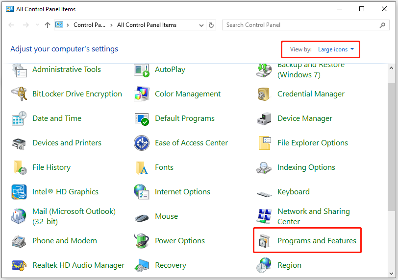 select Programs and Features from the Control Panel window
