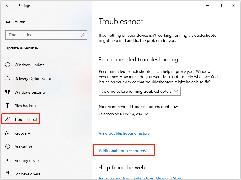 select Additional troubleshooters in the Troubleshoot page