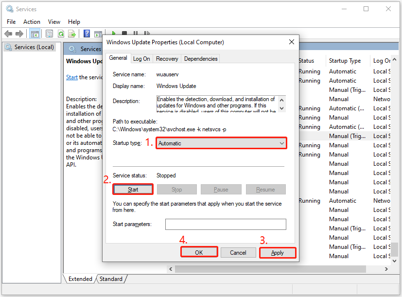restart Windows Update in Services