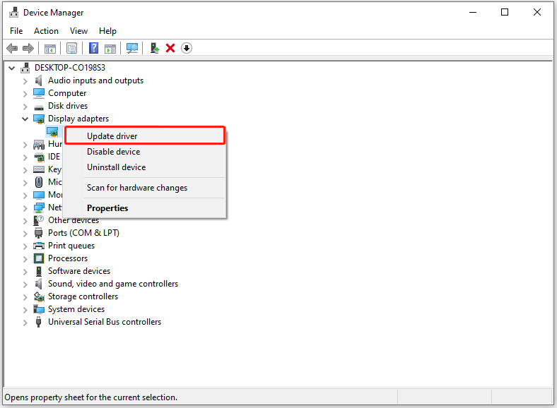 select Update driver in Device Manager