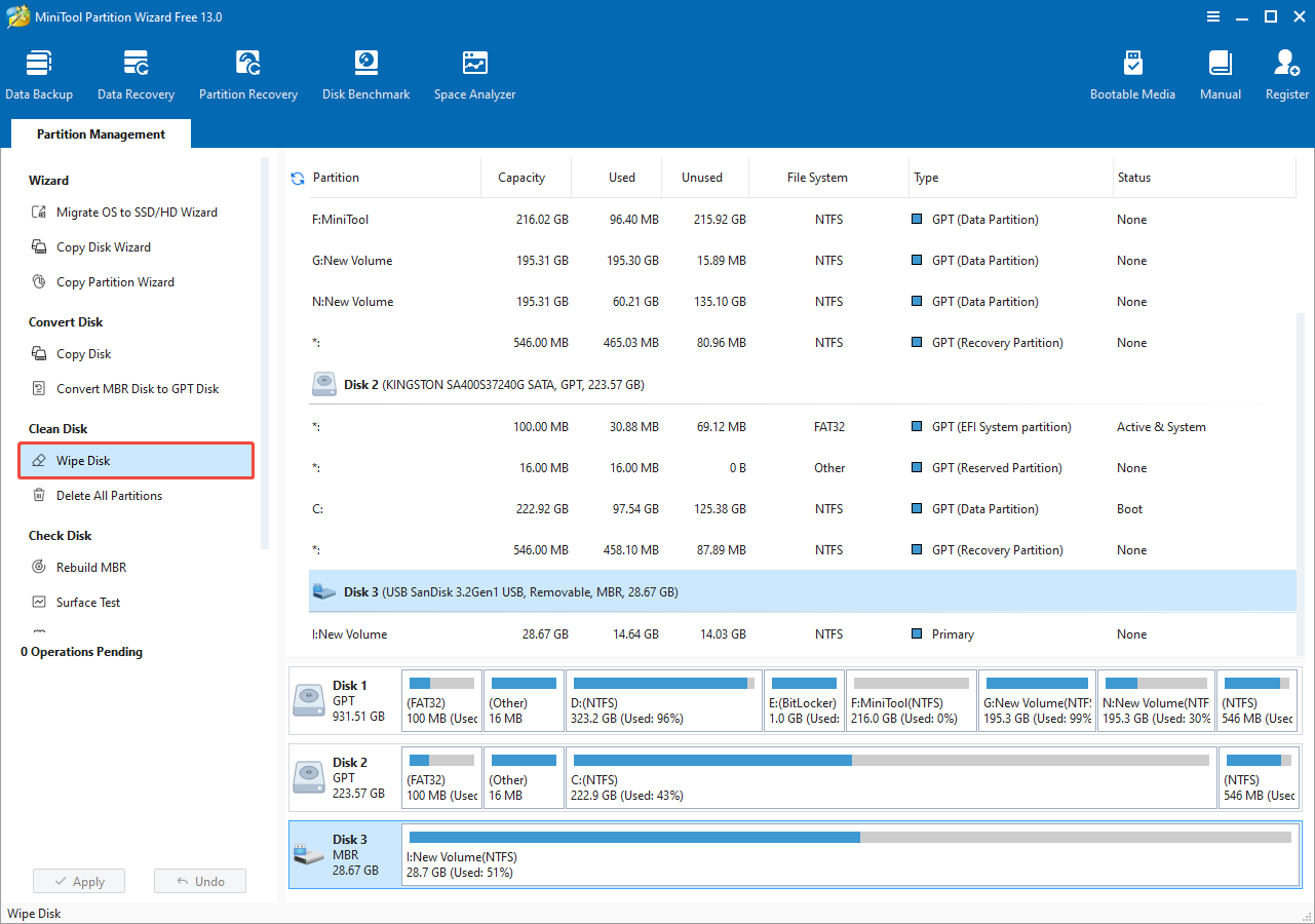 select Wipe Disk in MiniTool Partition Wizard