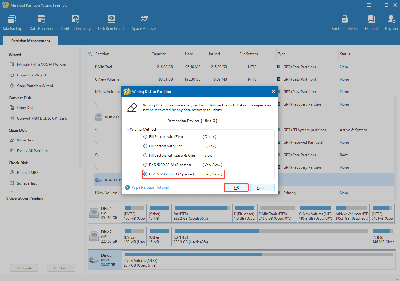 the five wipe methods in MiniTool Partition Wizard
