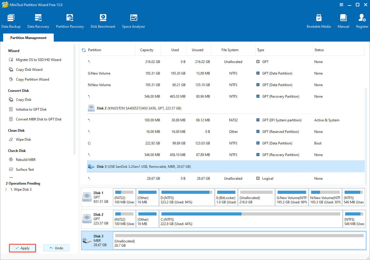 click Apply in MiniTool Partition Wizard