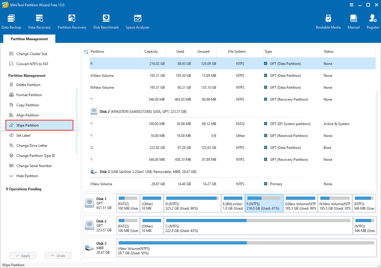 select Wipe Partition in MiniTool Partition Wizard