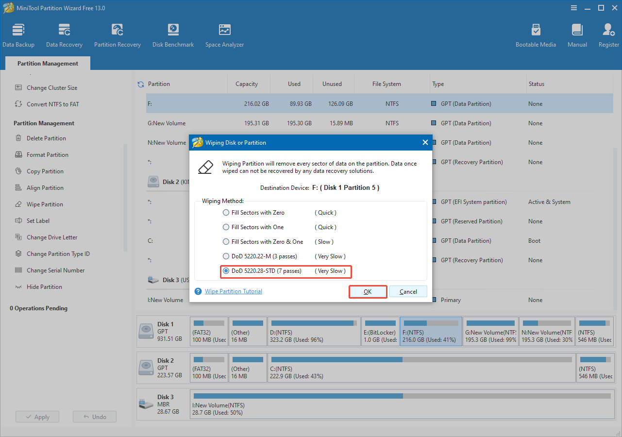 the five wiping methods for wiping a partition in MiniTool Partition Wizard