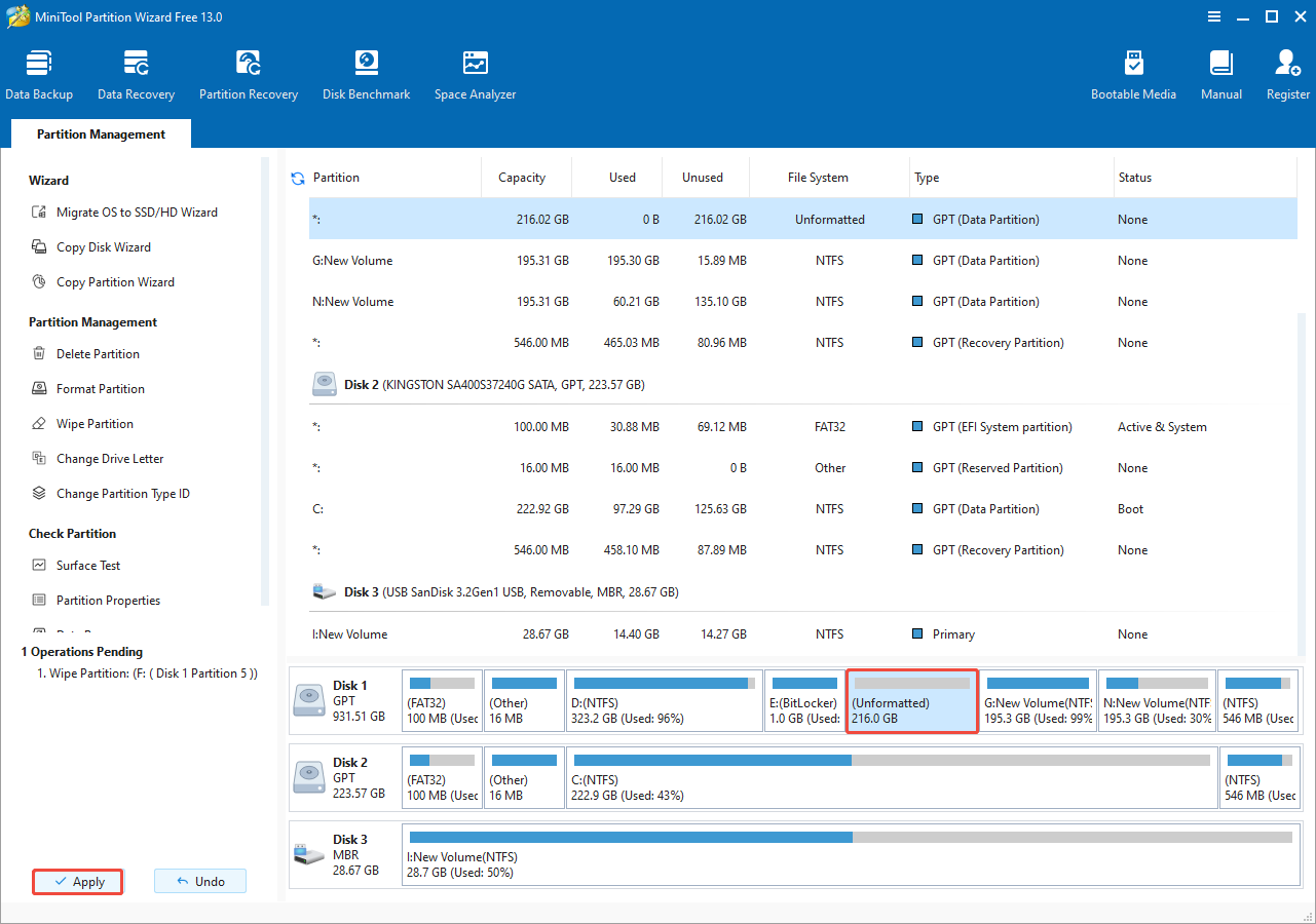click Apply in MiniTool Partition Wizard