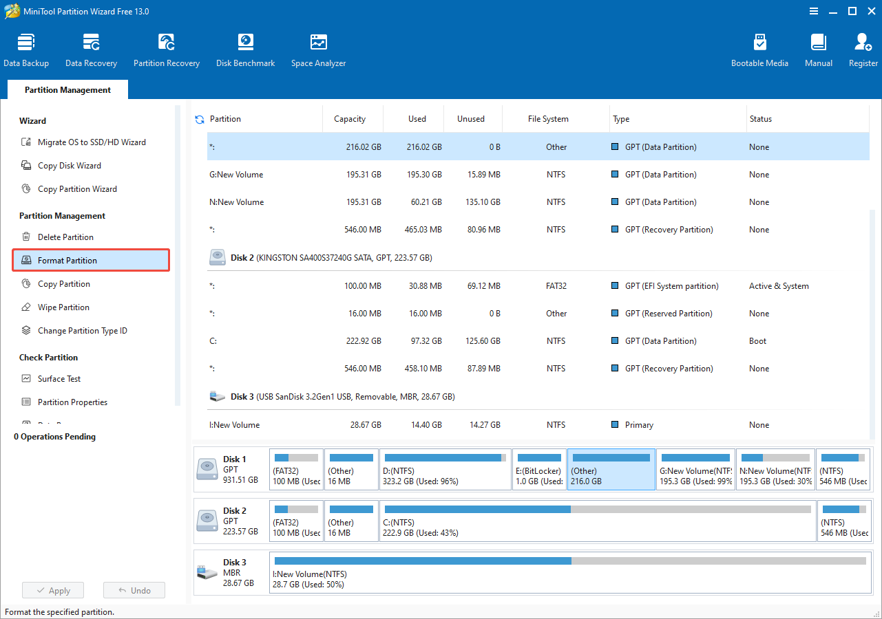 select Format Partition in MiniTool Partition Wizard
