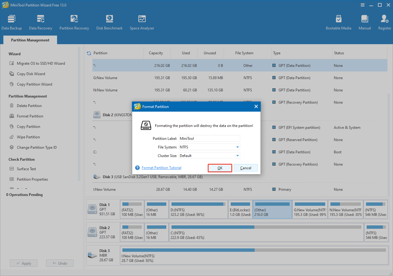 the Format Partition interface of MiniTool Partition Wizard