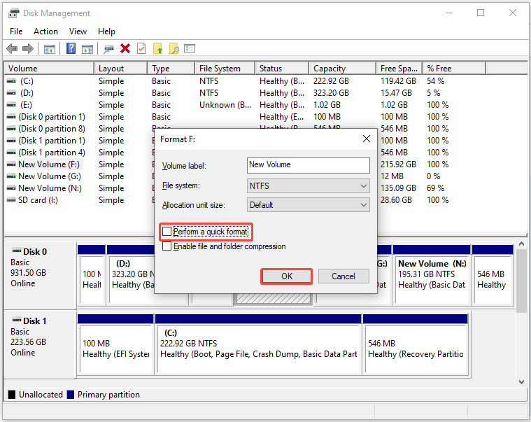 uncheck the Perform a quick format option and click OK
