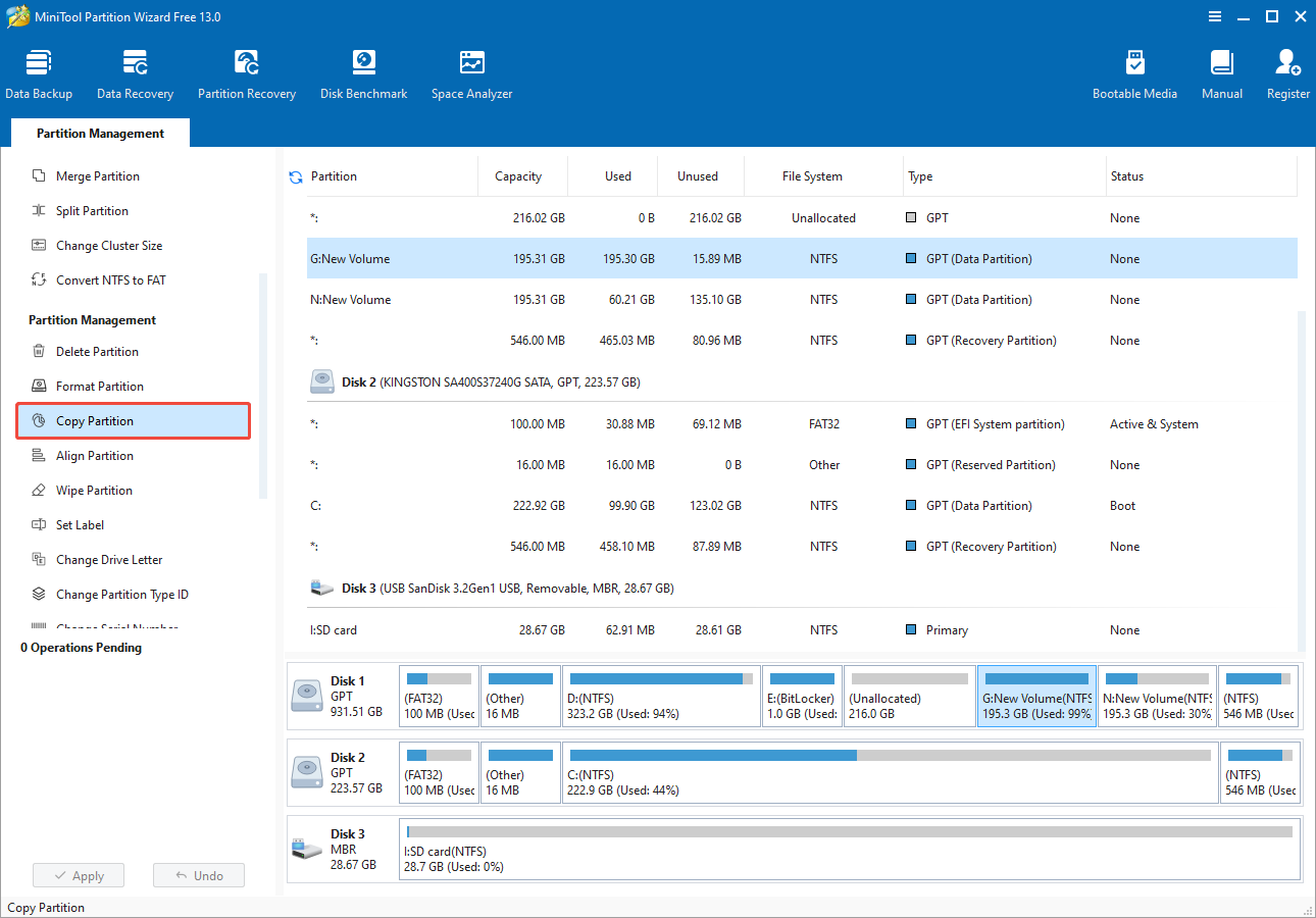 click Copy Partition in the MiniTool Partition Wizard interface