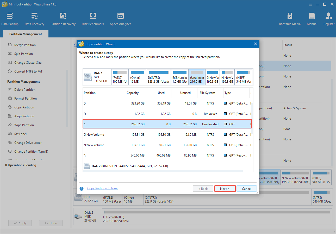 the Copy Partition Wizard interface to select an unallocated space to copy partition