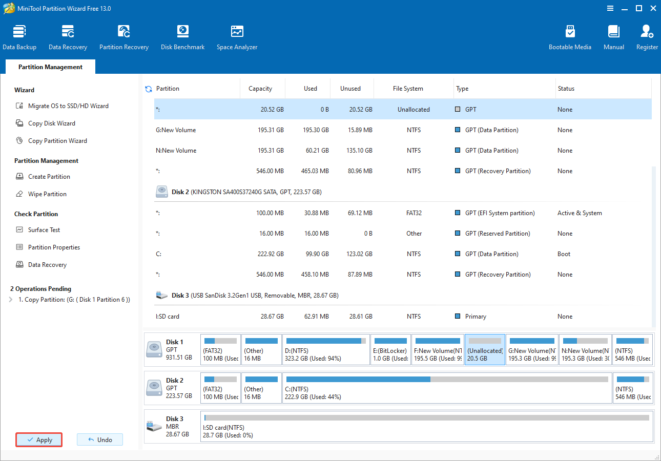 click Apply to start the copying process