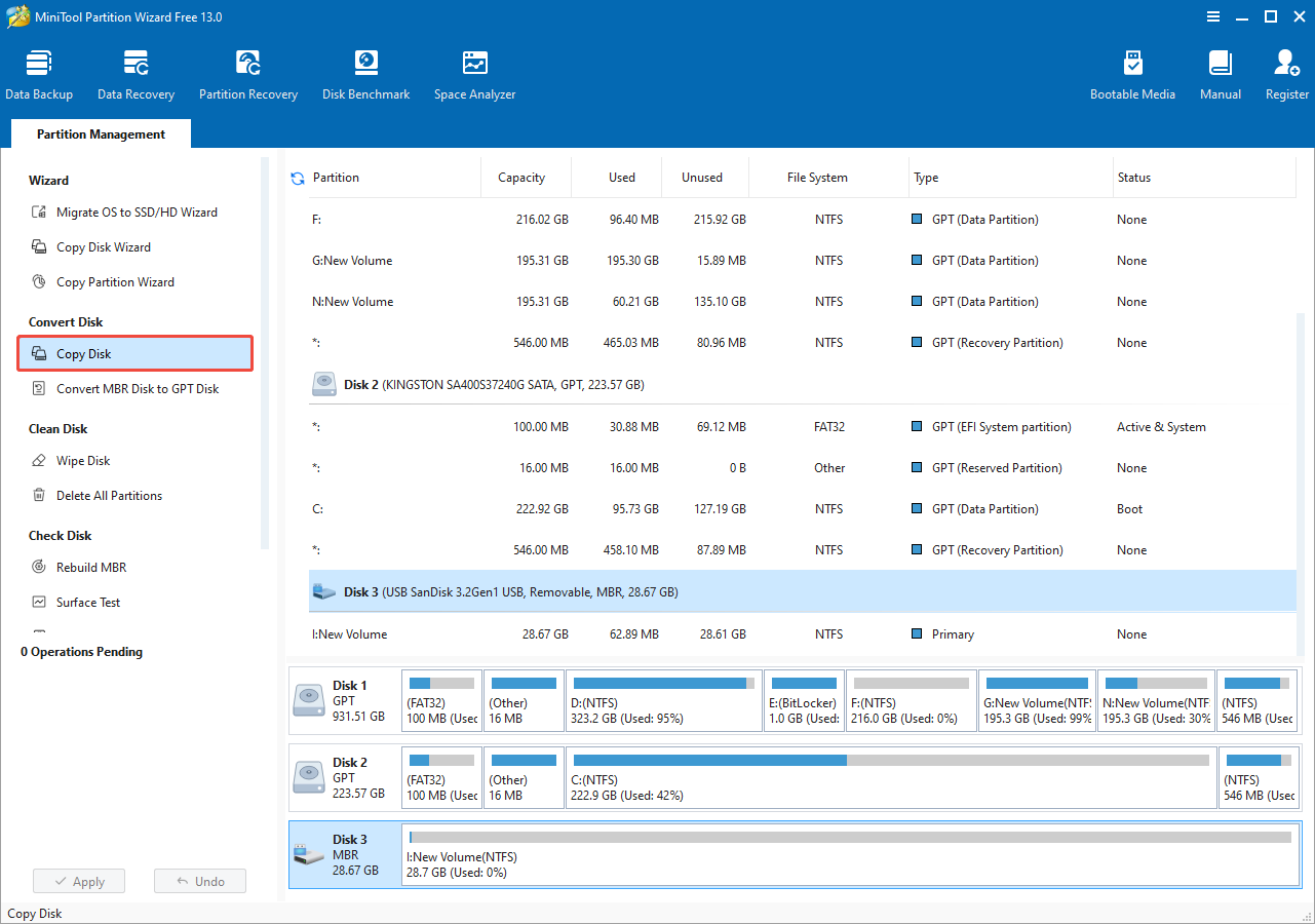 the MiniTool Partition Wizard's Copy Disk function