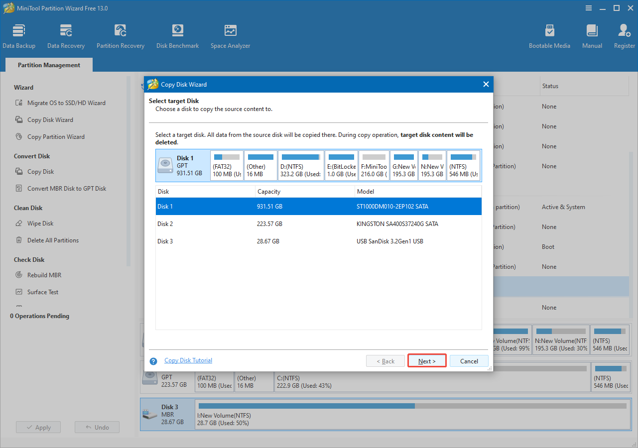 the Copy Disk Wizard interface of MiniTool Partition Wizard