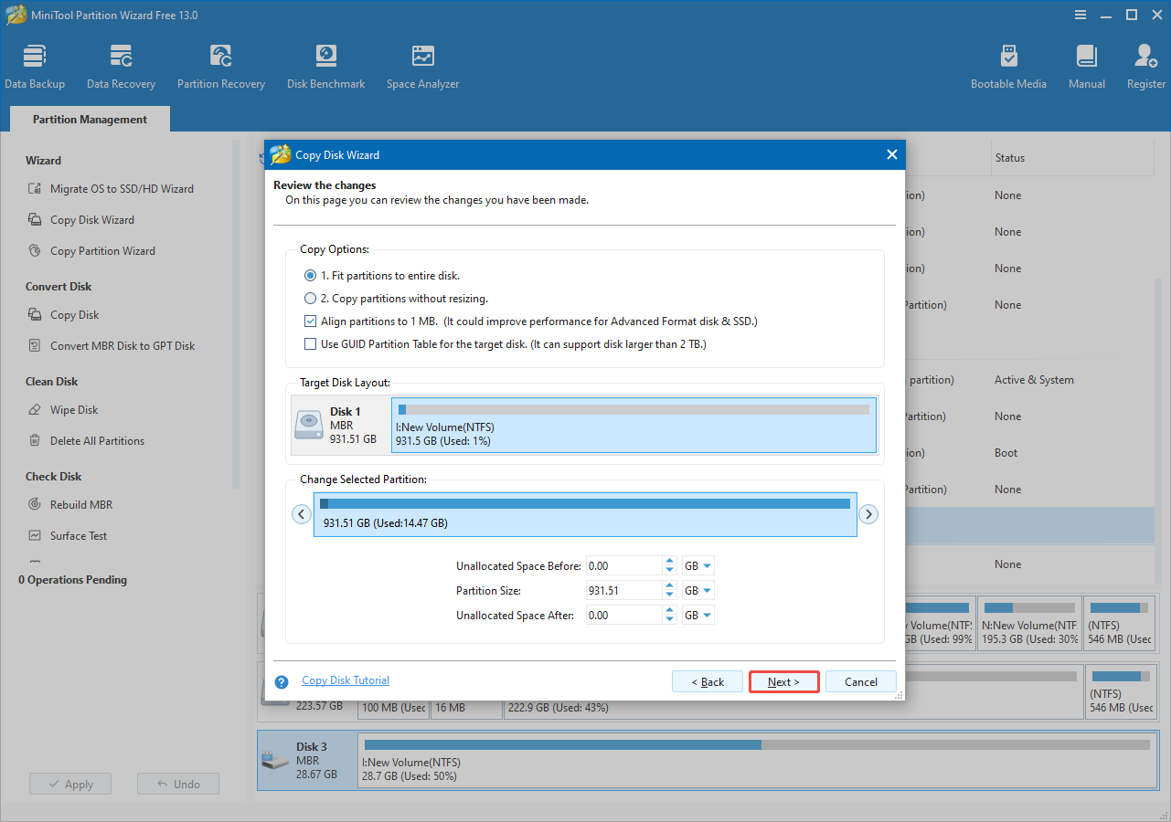 the Copy Options interface of MiniTool Partition Wizard