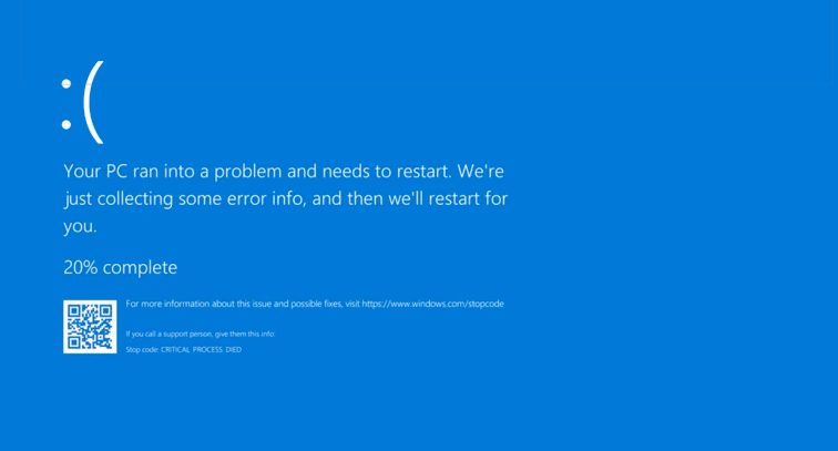 A blue screen of death page with a message saying that the PC ran into a problem and needs to be restarted.