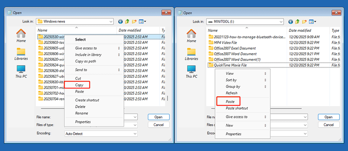 Notepad interfaces with the Copy and Paste options highlighted in the context menu.