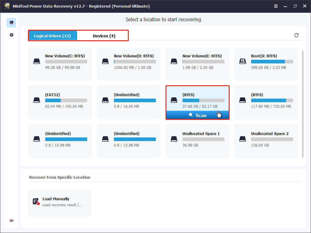 MiniTool Power Data Recovery window showing multiple partitions, with one drive selected and the Scan button highlighted.