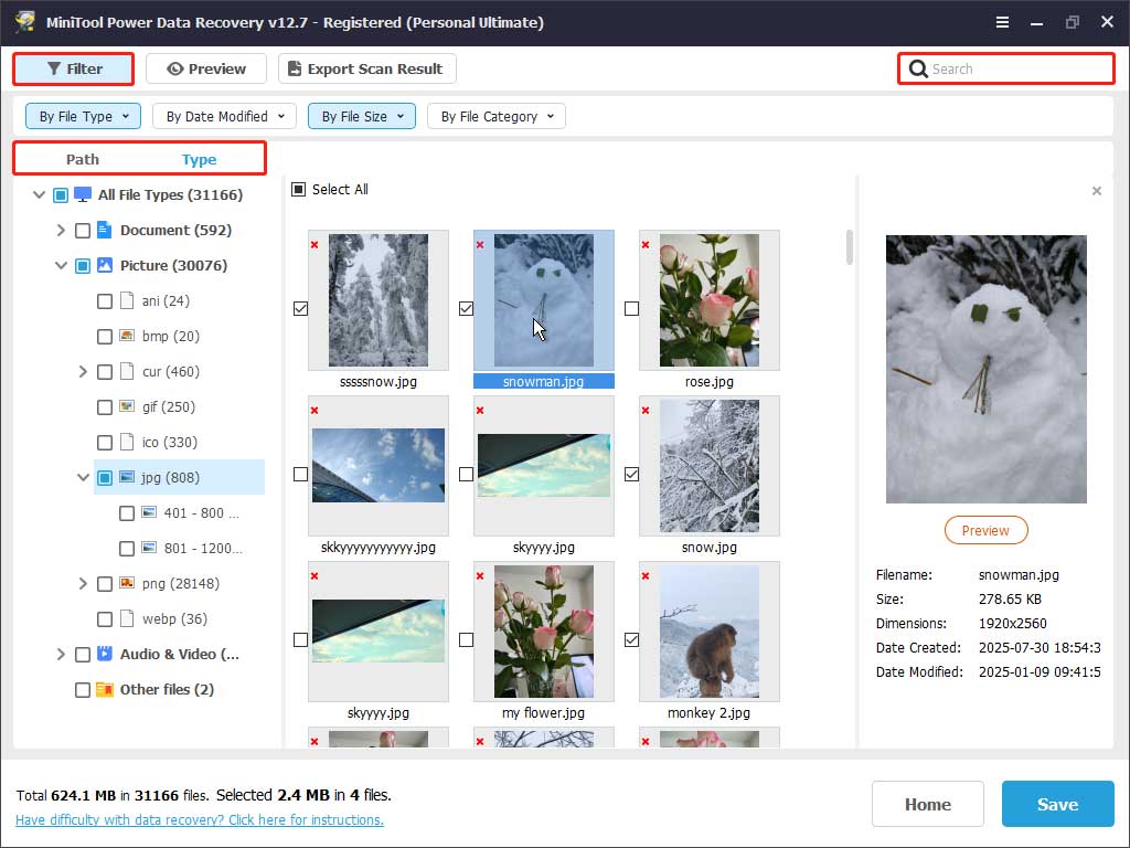 MiniTool Power Data Recovery scan results interface with Path, Type, Filter, and Search features highlighted.