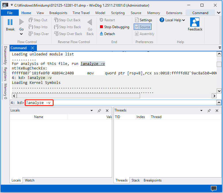 WinDbg interface with the analyze command entered in the command box to start analyzing the bugcheck.