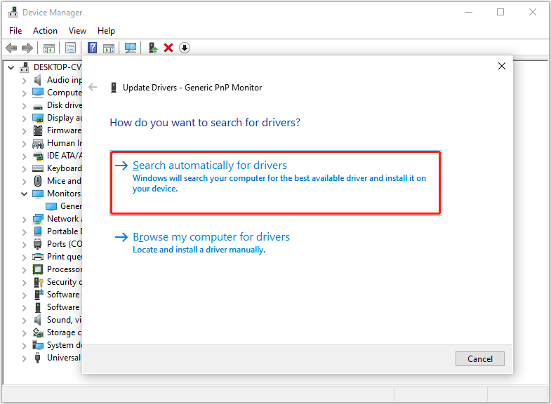 Device Manager interface with the Search automatically for drivers option checked.