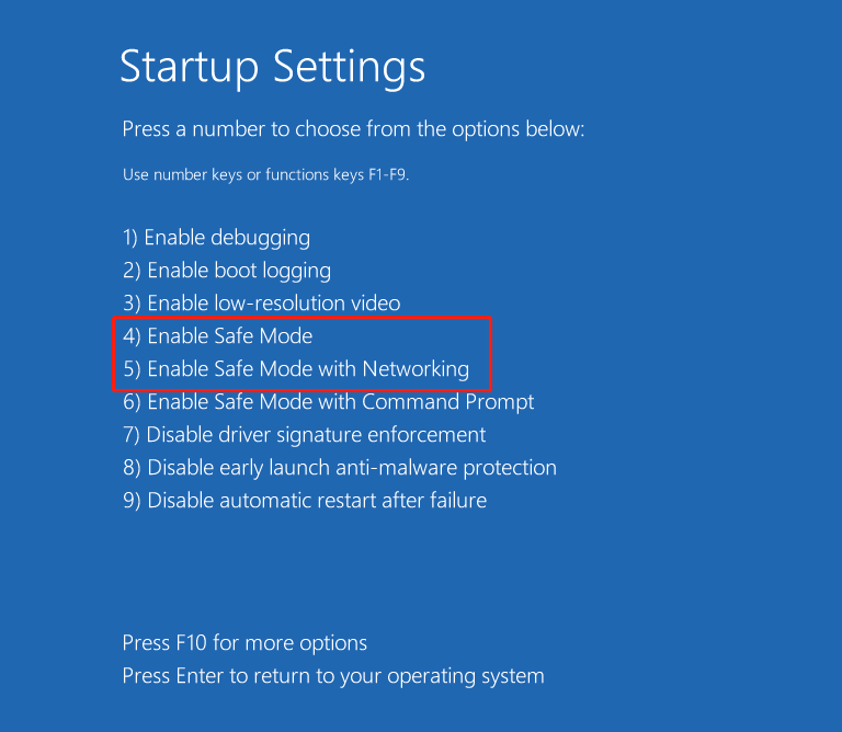 Startup Settings interface with the Enable Safe Mode and Enable Safe Mode with Networking options highlighted.