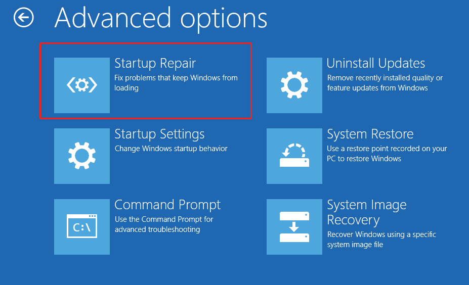 Advanced options window with the Startup Repair option highlighted to repair the system.