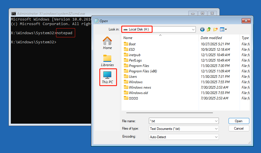 Command Prompt showing the notepad command result, with Notepad dialog open displaying system files in H drive in This PC.