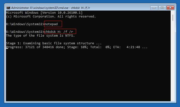 Command Prompt interface with the notepad and chkdsk commands entered to check the H drive for errors.