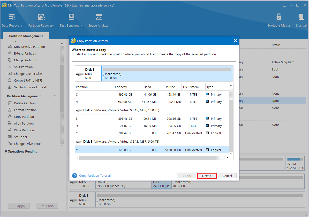 Choisissez un espace non alloué à copier dans MiniTool Partition Wizard