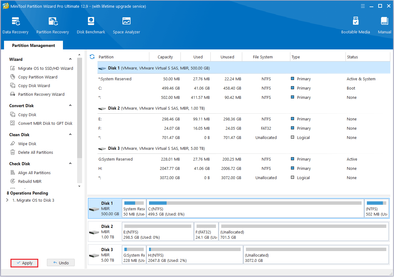 Cliquez sur Appliquer dans MiniTool Partition Wizard