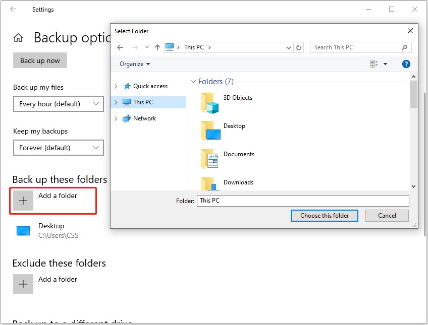Ajouter un dossier aux sources de sauvegarde de l'historique des fichiers depuis les paramètres