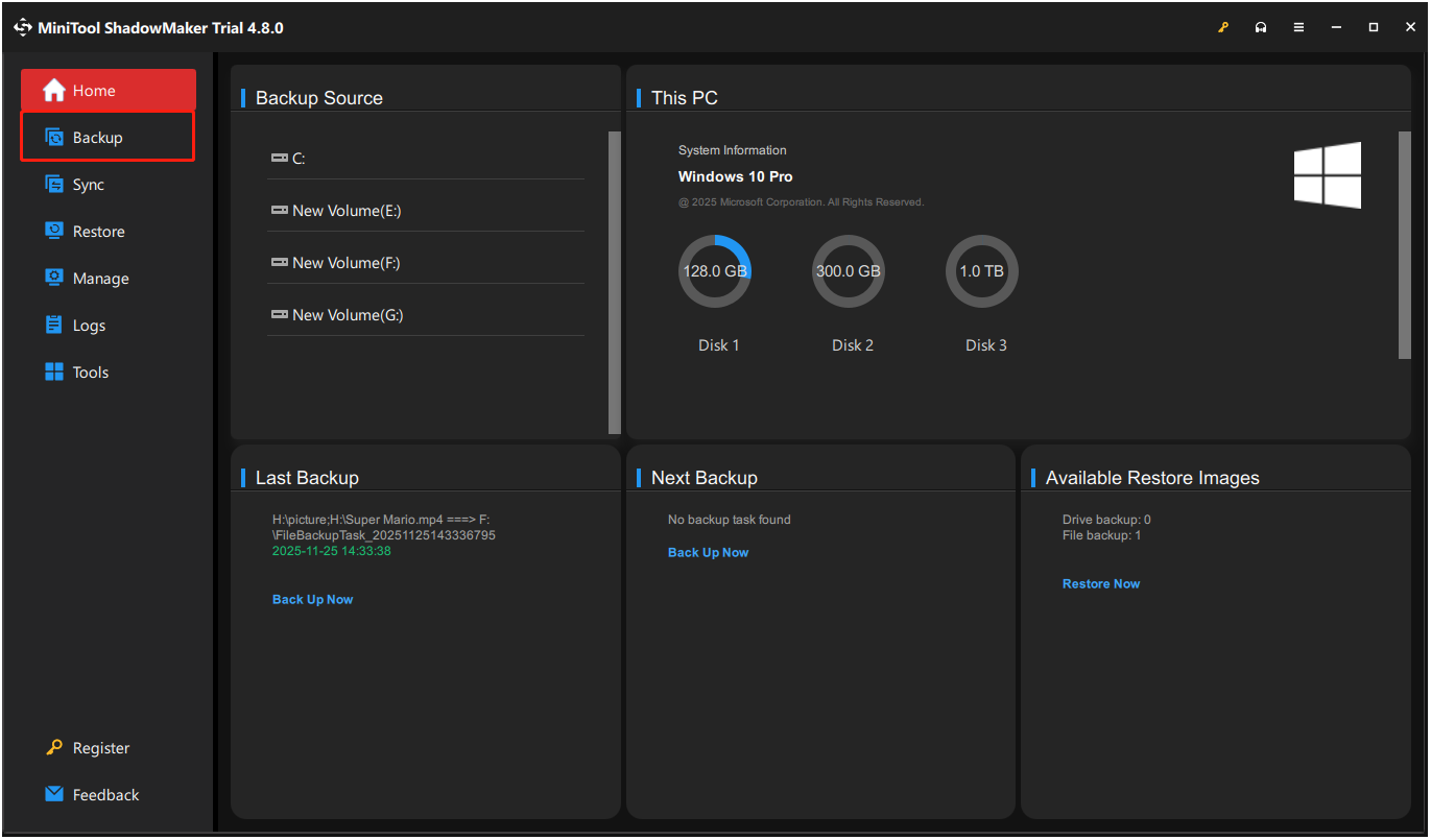 The interface of MiniTool ShadowMaker with selected Backup.