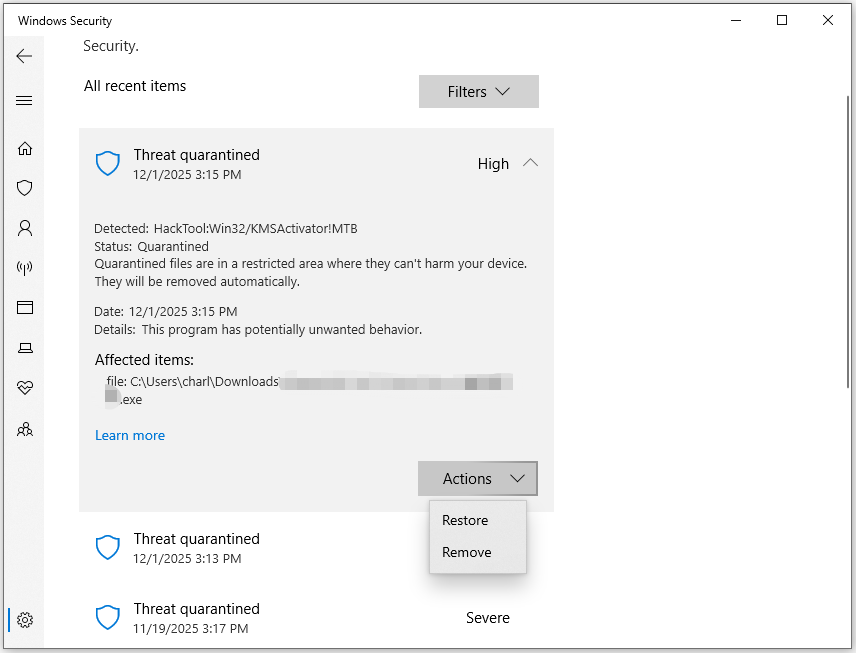 The Protection history page with two actions for the found threat.