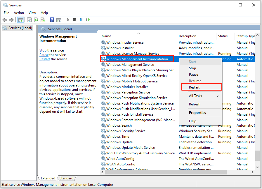 The interface of Services with selected Windows Management Instrumentation and Restart.