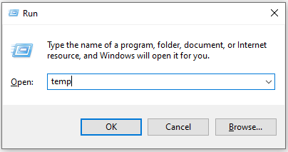 The Run window with temp in the box.