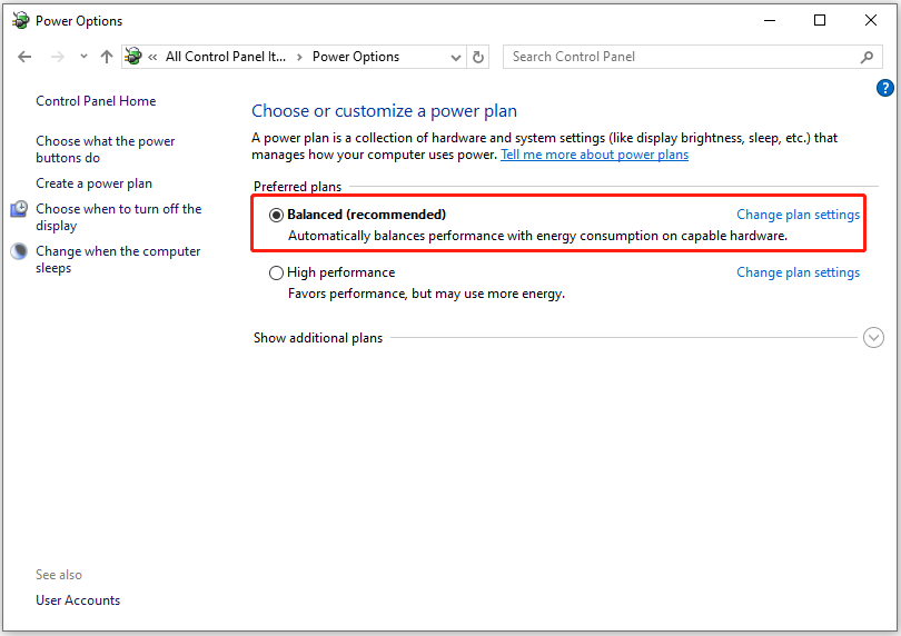 The Power Options window with selected Balanced.