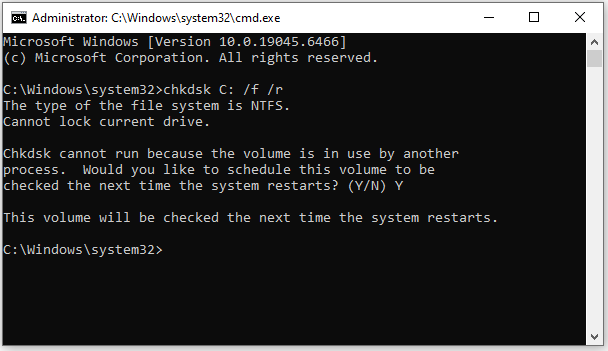 The elevated Command Prompt window with CHKDSK command.