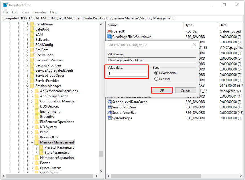 The Edit DWORD 32-bit Value window with selected Value data and OK.