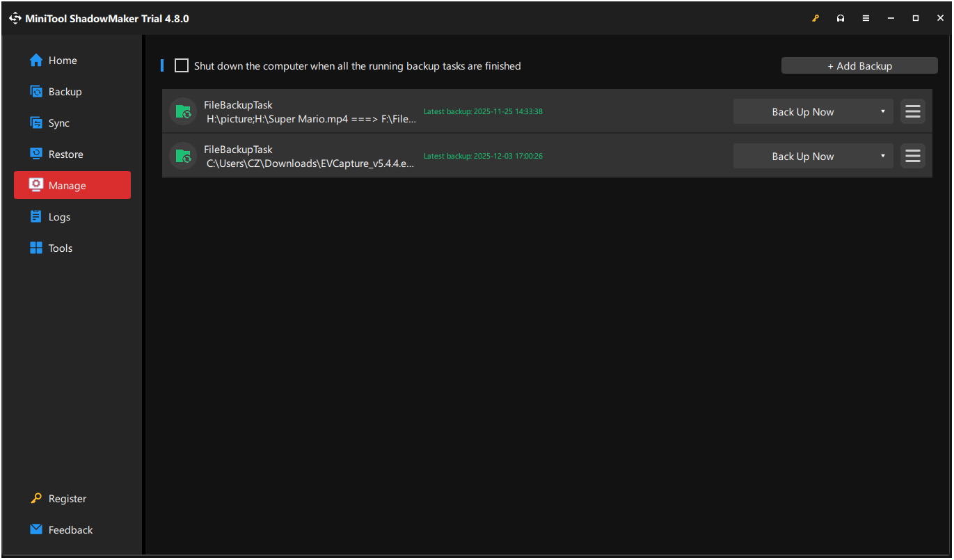 The interface of MiniTool ShadowMaker with successful backup tasks.