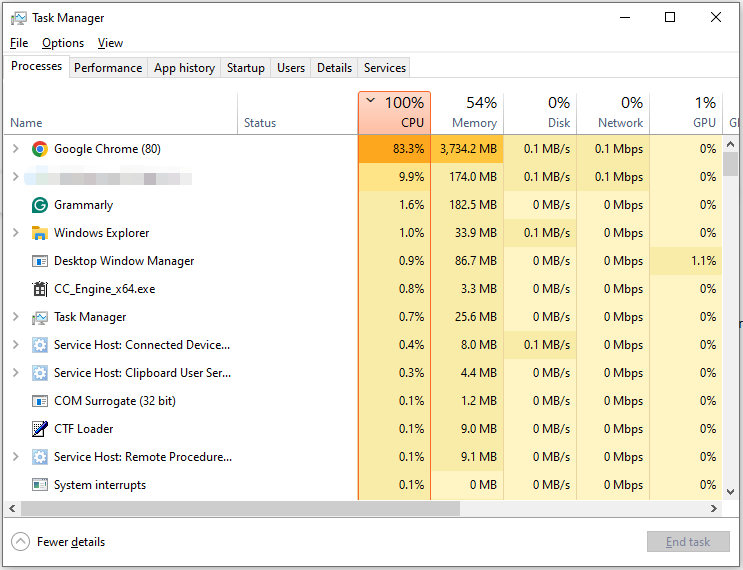 The interface of Task Manager with sorted CPU usage processes.