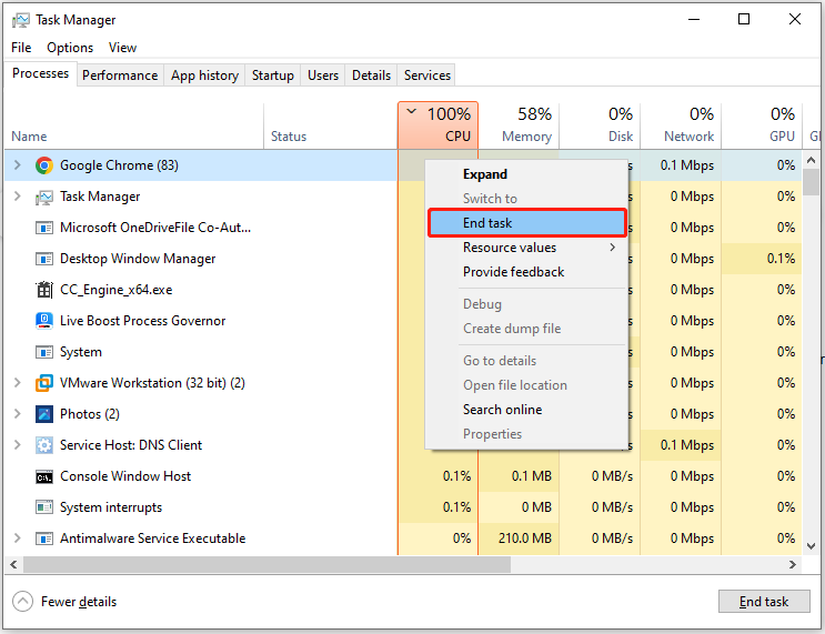 The interface of Task Manager with selected End task.