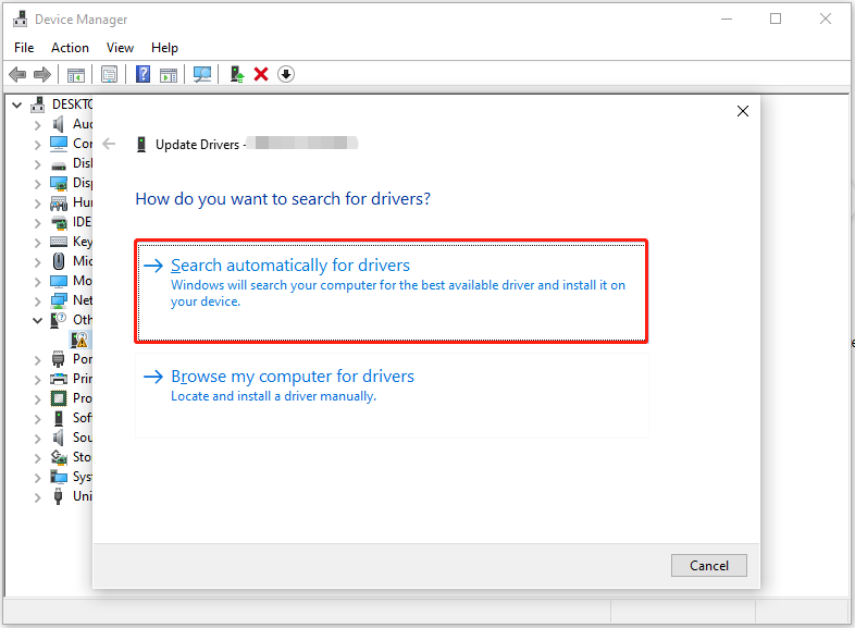 The interface of Device Manager with selected Search automatically for drivers.