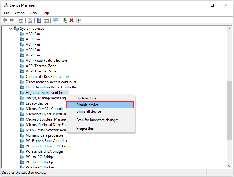 The interface of Device Manager with selected Disable device.