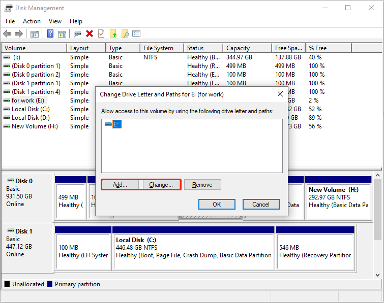 The Disk Management interface shows a Change Drive Letter and Paths window with the Add and Change buttons selected.